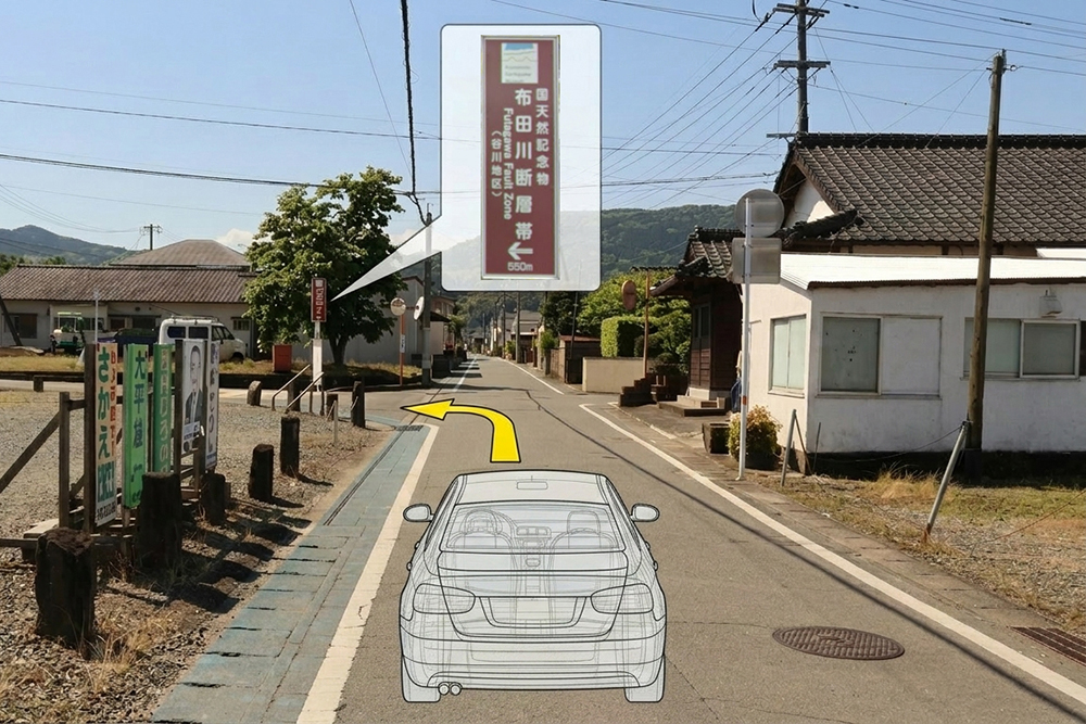 道順1 - 布田川断層帯の看板を左折